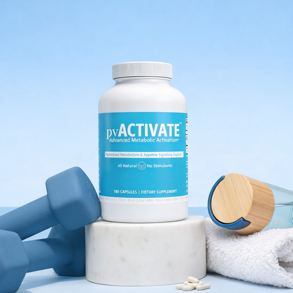 Supplement bottle labeled 'pyACTIVATE' with dumbbells and a towel on a light blue background