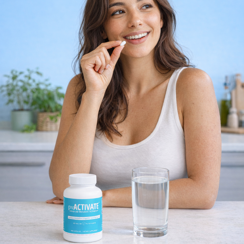 Woman with a glass of water and a supplement bottle on a table, with a light blue background.